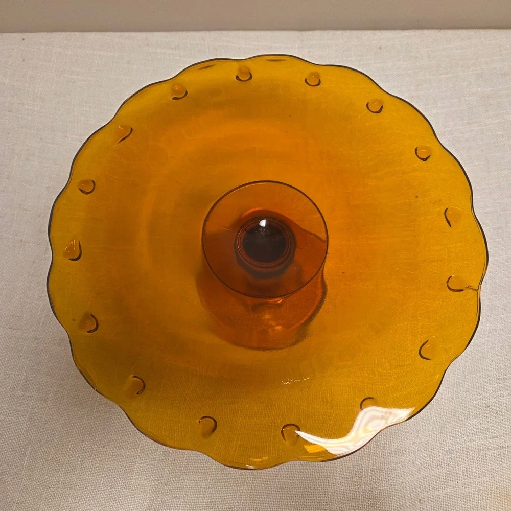 Indiana Amber Glass Cake Stand Scalloped Thumbprint Pedestal Dessert Server